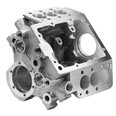Machined aluminum engine block with threaded holes and smooth finish