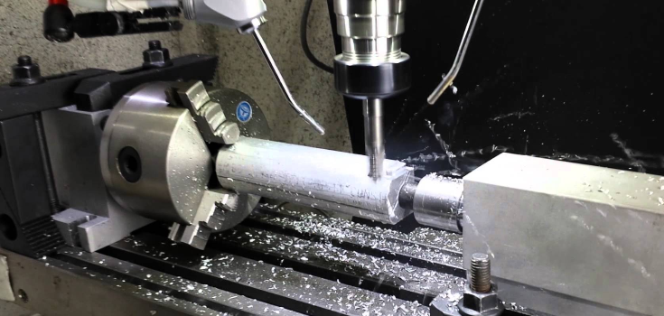 4-axis CNC milling in action, cutting a metal cylinder with precision