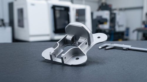 CNC machined bracket with tight tolerance holes on dark table