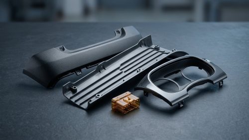 Assorted plastic automotive components used in car manufacturing