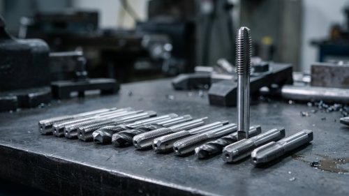 Various types of taps for threading laid on dark worktable