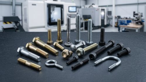 Assortment of bolt types and their uses on dark worktable