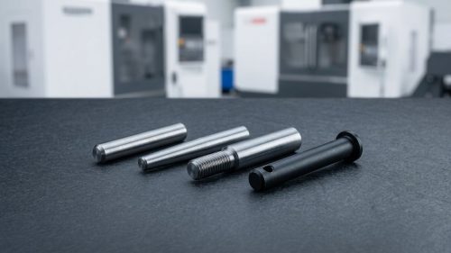 Various precision CNC machined pin types on dark worktable