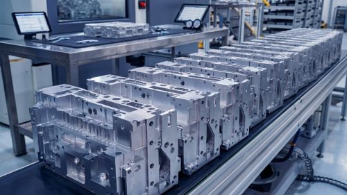 Rows of CNC machined aluminum housings on automated production line conveyor