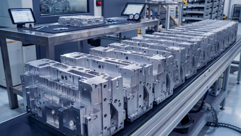 Rows of CNC machined aluminum housings on automated production line conveyor