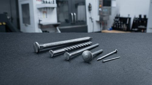 Assorted metal nail types arranged on dark workshop table