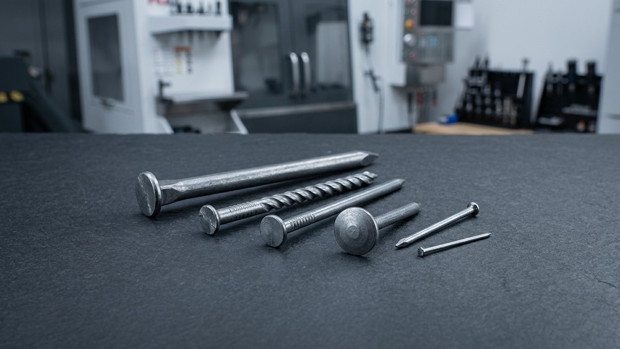 Assorted metal nail types arranged on dark workshop table