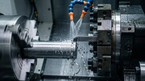 CNC grooving tool cutting a narrow groove into steel shaft