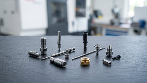 Machined 303 and 304 stainless steel turned parts on dark table