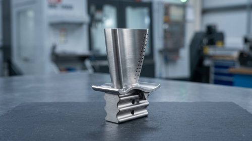 3d printed turbine blade with cooling holes on dark worktable