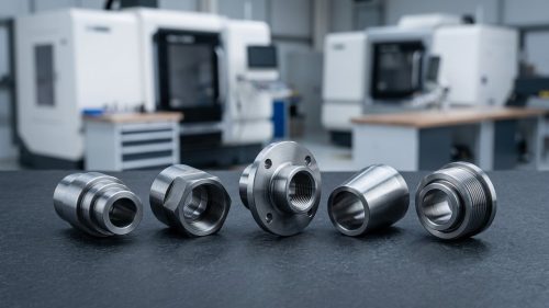 Five types of CNC machined adapters on dark workshop table