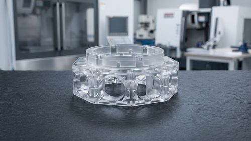 Machined transparent plastic housing demonstrating translucent and transparent CNC parts