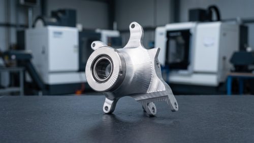 7075 aluminum CNC machined knuckle part on dark worktable