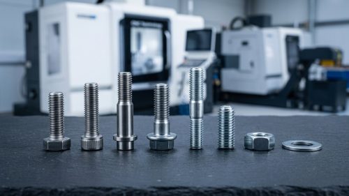 Variety of CNC machined fasteners types arranged on dark workbench