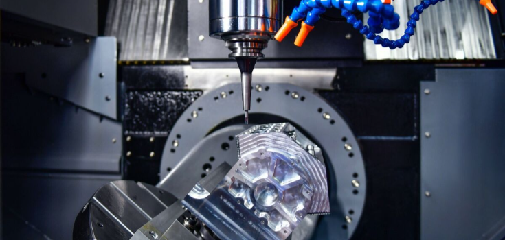 5-axis CNC milling machine crafting a detailed metal component with precision