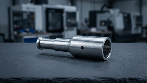 Precision machined tapered shaft with conical turned profile on dark table
