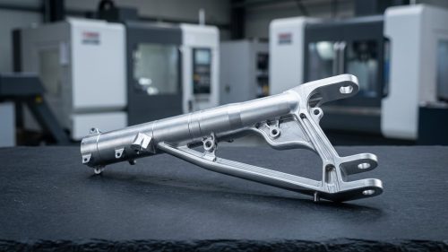 CNC machined 6061 T6 aluminum bracket on dark worktable