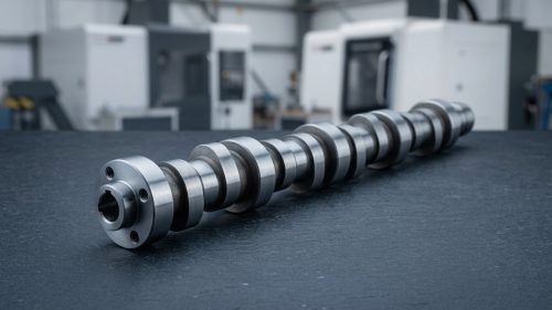 Precision machined steel camshaft with multiple lobes on dark worktable