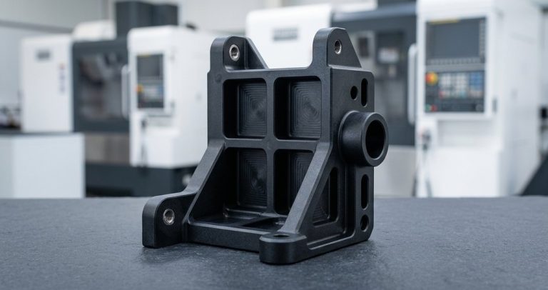 Black ABS CNC machined bracket on dark table