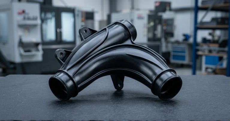 PC ABS blend CNC machined duct part on table