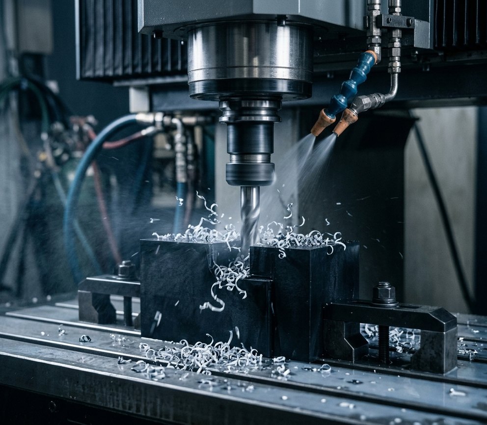 CNC milling machine cutting black ABS plastic block