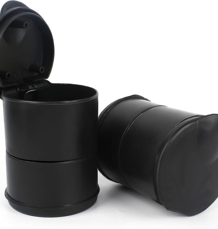 Two black plastic cylindrical containers with lids open and closed