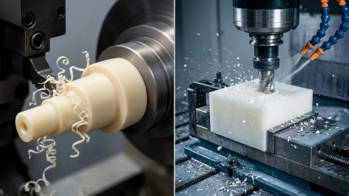 ABS versus polypropylene parts being CNC machined side by side