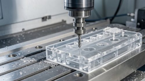 CNC milling cutter machining a clear acrylic block with chips