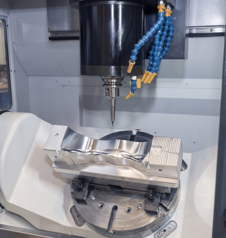 5-axis CNC machining of complex aerospace aluminum part with coolant