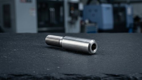 Precision machined aerospace fastener with shoulder on dark worktable