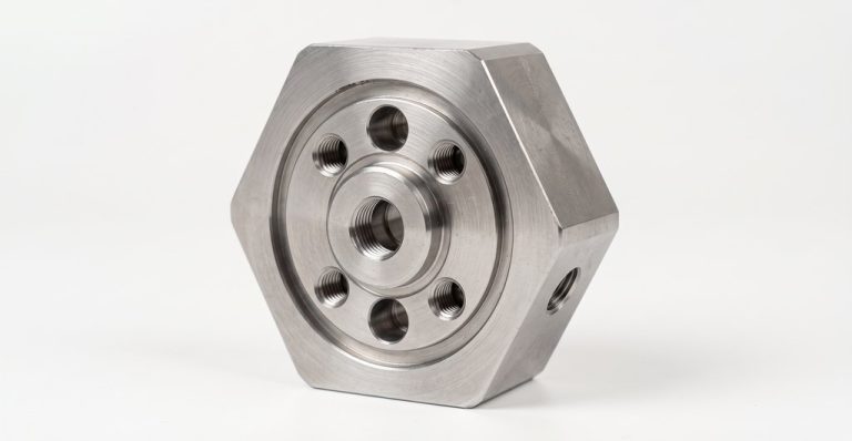 Hexagonal metal part with threaded holes and machined finish