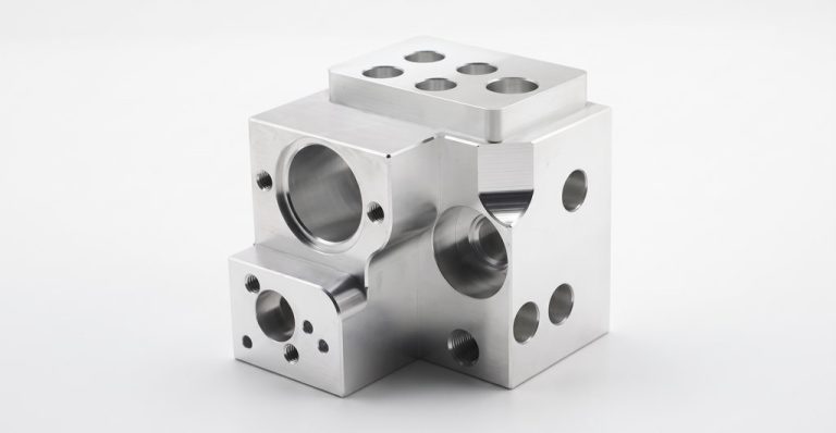 Precision machined aluminum block with multiple holes and cavities