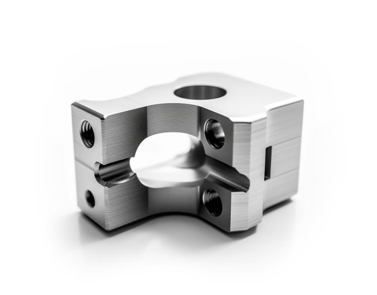 Machined alloy steel bracket with multiple holes and slots