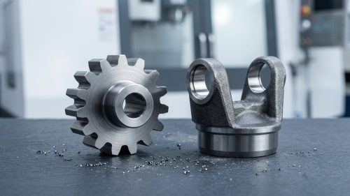 Alloy steel gear next to carbon steel housing comparing CNC machined finishes