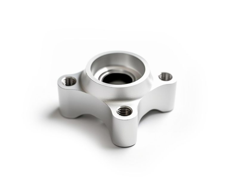 Aluminum machined part with threaded holes on white