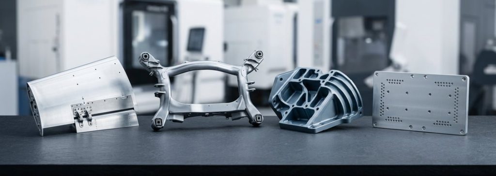 Finished aluminum 5083 machined parts on dark worktable