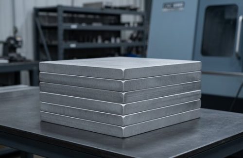 Raw aluminum 5083 plate stock on dark workshop table