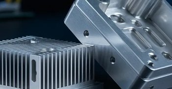 Finished 6061 aluminum heat sink and housing parts on dark table