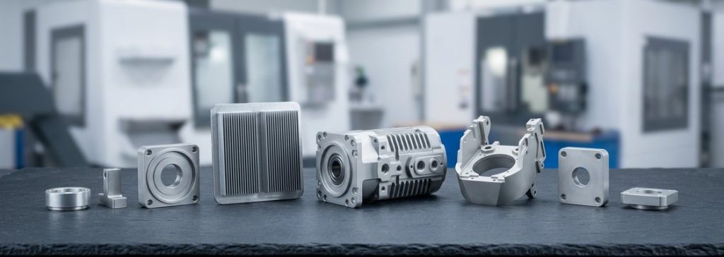 Row of finished 6061 aluminum CNC machined parts