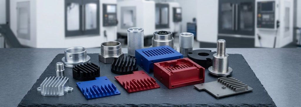 Finished aluminum 6063 CNC machined parts on dark worktable
