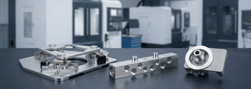 Finished aluminum 6082 CNC machined parts on dark table