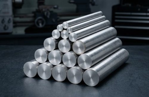 Raw aluminum 6082 bar stock stacked in workshop