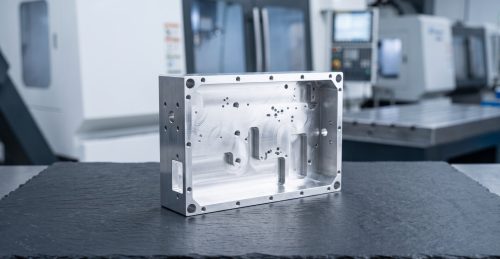 Machined aluminum 6082 enclosure part on dark workshop table