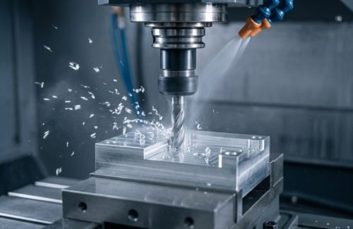 CNC milling machine cutting aluminum 7050 block with end mill