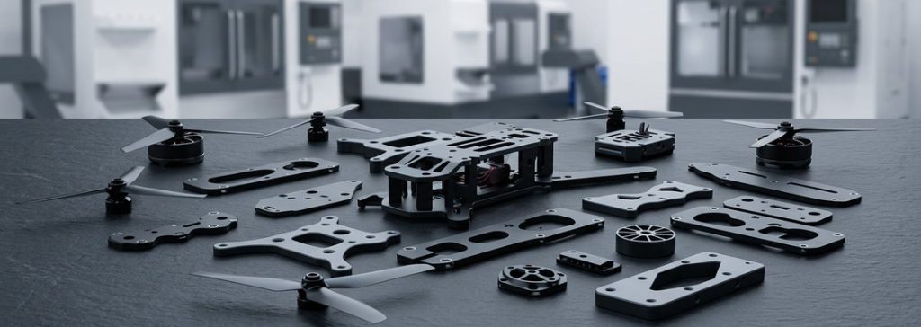 Finished 7075 aluminum drone parts with anodized black finish