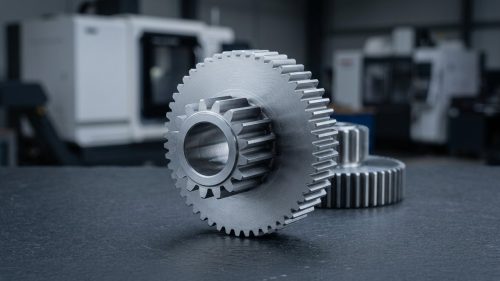 Precision machined aluminum gear on dark workshop table