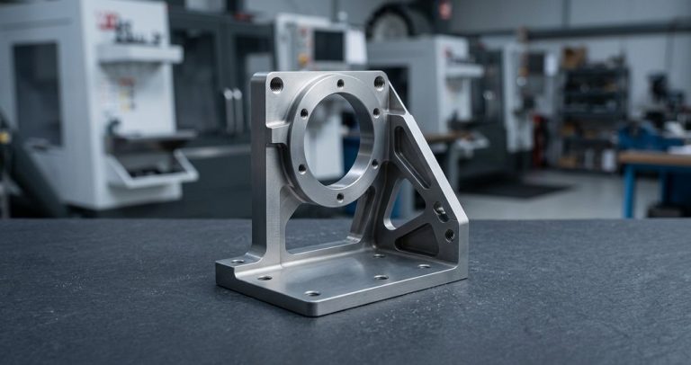 Finished aluminum machining bracket on dark worktable