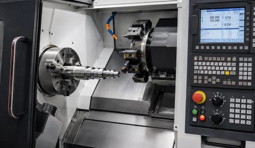 CNC lathe turning aluminum shaft during precision aluminum turning services