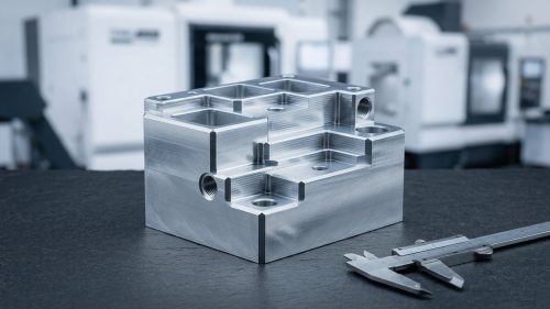 Machined aluminum block illustrating precision CNC alternative to die casting