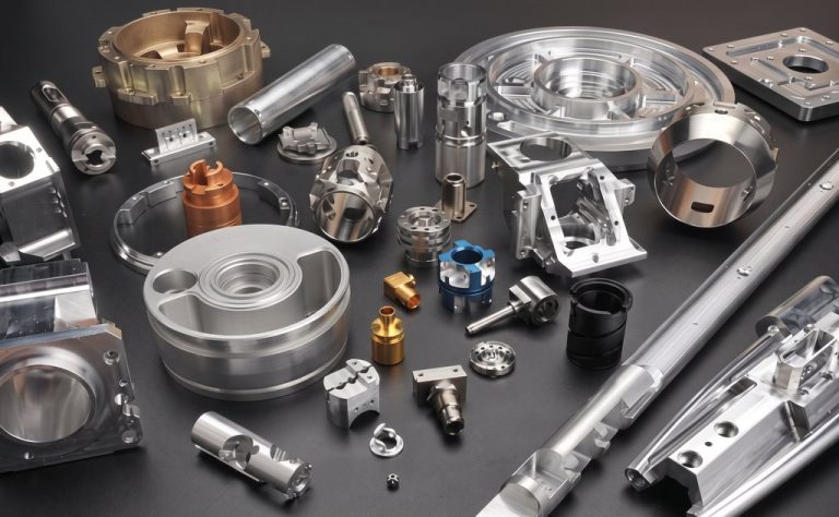Assorted CNC machined metal parts with polished and anodized finishes